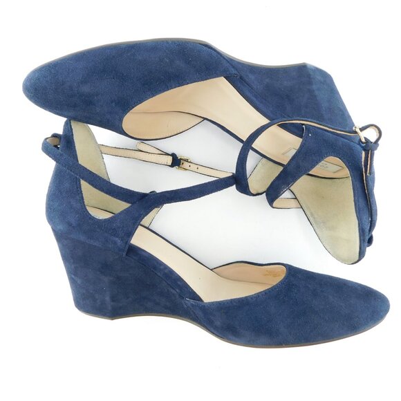 COLE HAAN Royal Blue Navy Suede Leather Ankle Strap Wedge Heel Pumps 8 - Picture 4 of 7